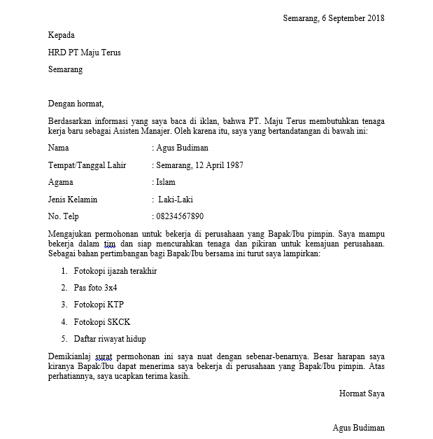 Contoh Surat Lamaran Kerja Pabrik