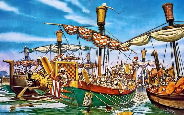 Битва египетских кораблей с флотом «народов моря». Современная иллюстрация.