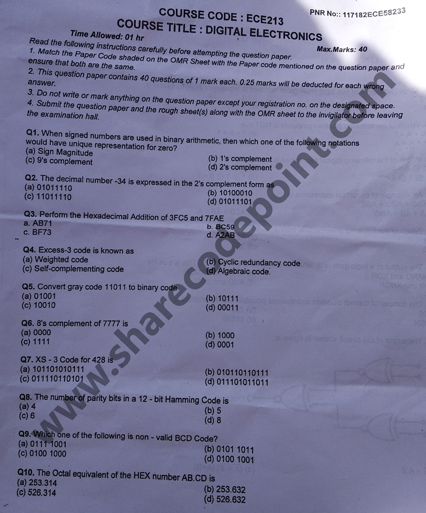 ECE213 Digital Electronics Mid Term Exam Question Paper ECE 213