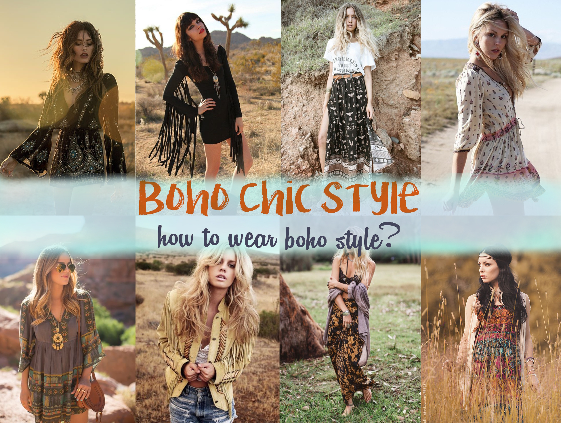 fashion collage with a various beautiful boho chic style looks
