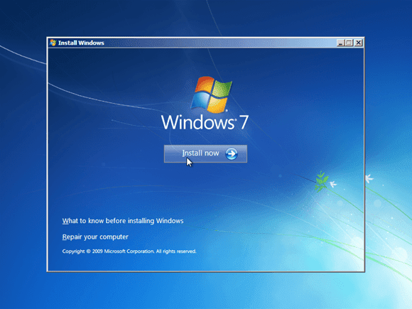Cara instal windows 7 - Install Now