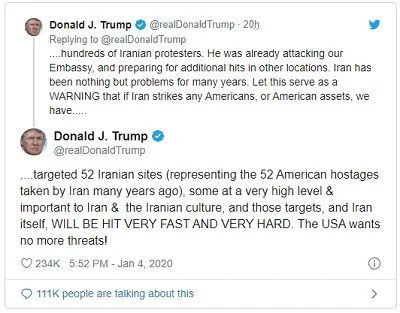 Trump amenaza con atacar 52 objetivos iraníes si Teherán toma represalias