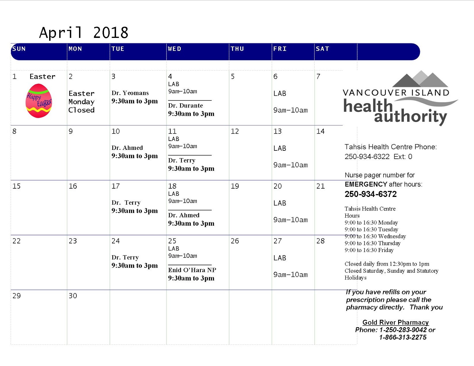 Tahsis Living Health Centre April calendar