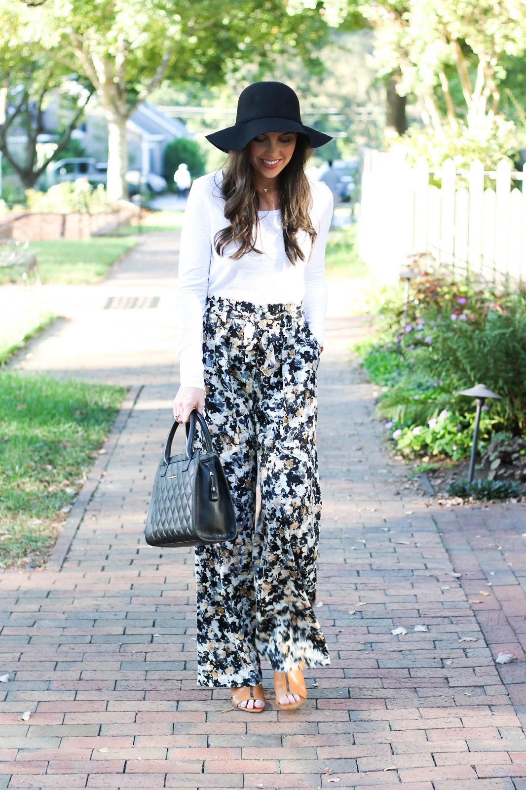 Nordstrom Leith Pleated Highwaisted Print Flare Pants, LOFT white long sleeve tee, black felt floppy hat,  quilted Vera Bradley satchel, fall outfit, cute fall look, ways to simplify your life, printed pants, Fearrington Village