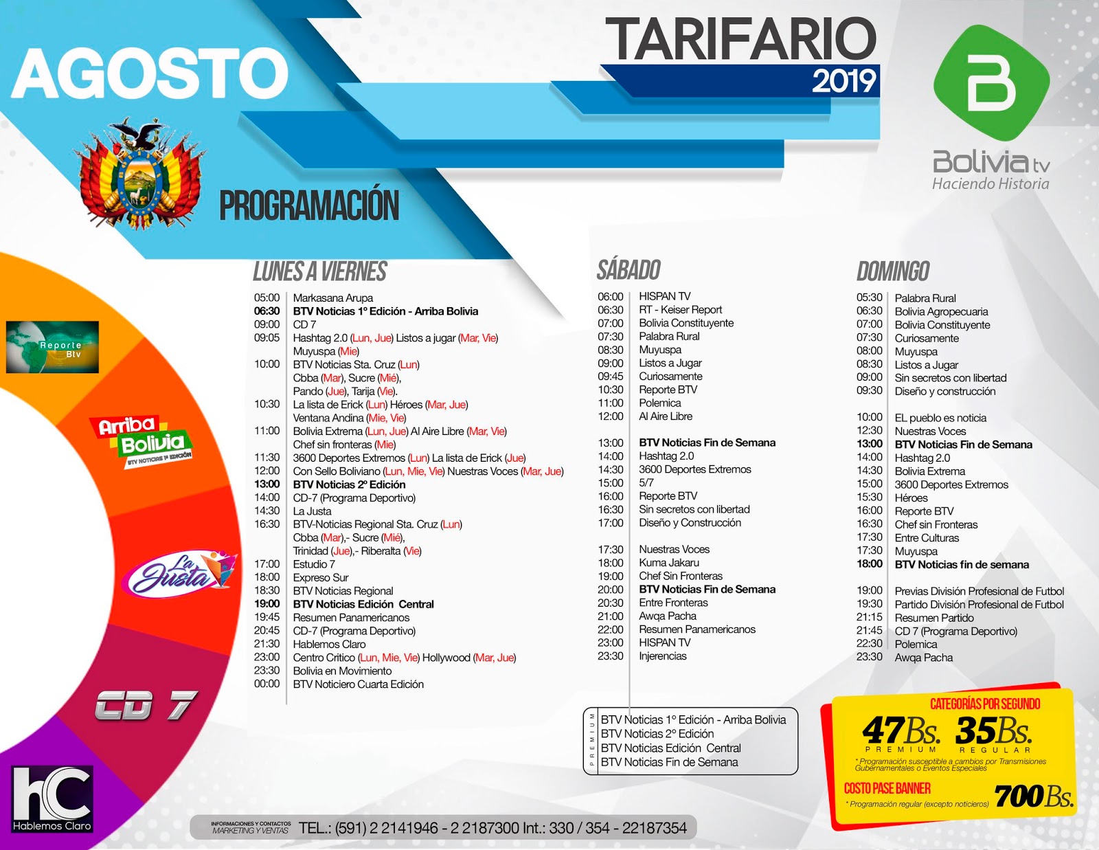 Tarifario de Bolivia Tv Television, Radio y Periodicos