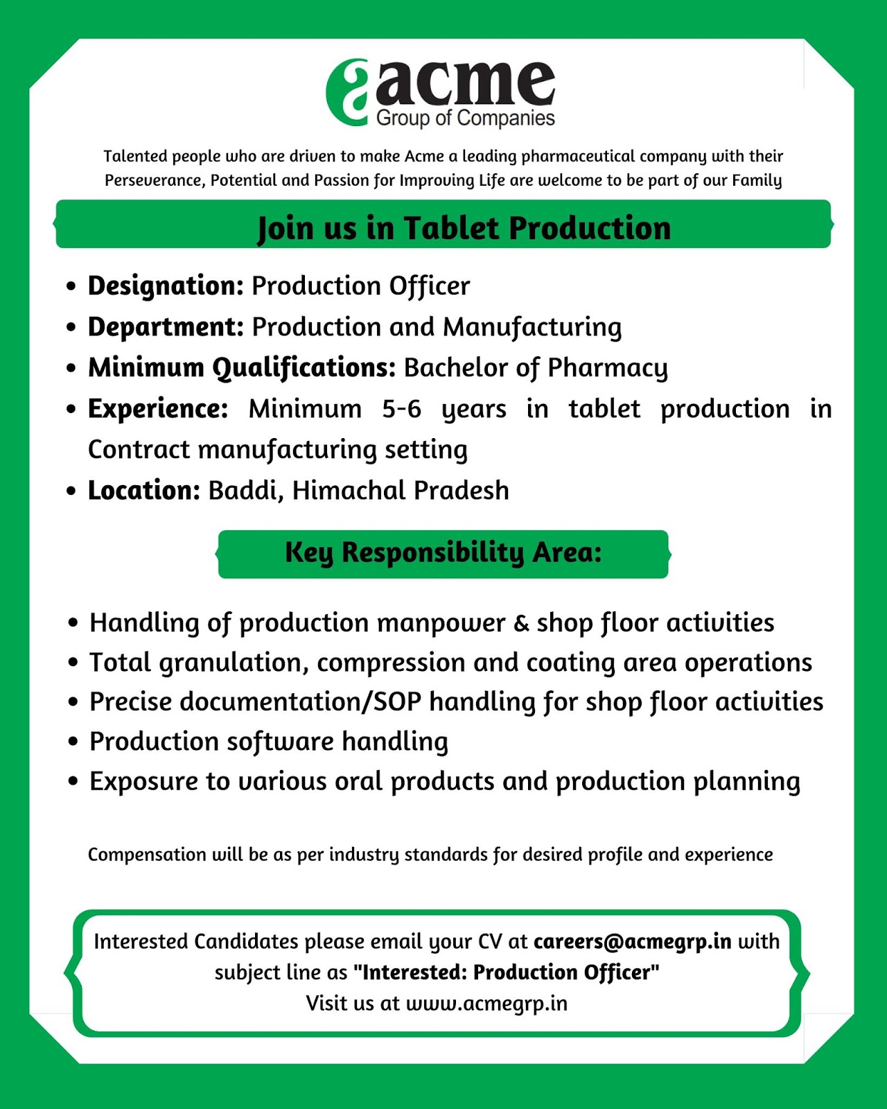 Acme Pharmaceuticals Hiring Experienced Candidates for Tablet