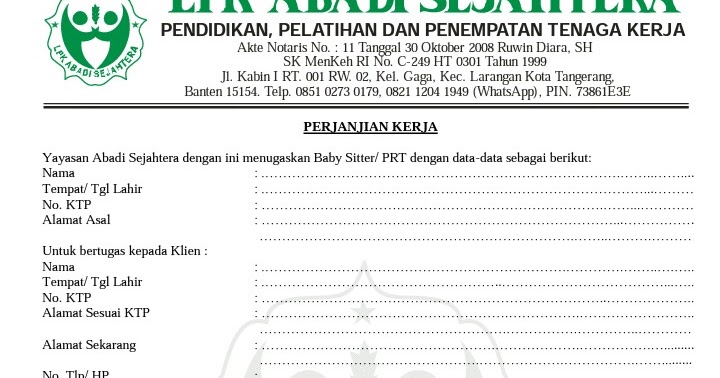 Contoh Surat Perjanjian Kontrak Kerja Pembantu Rumah Tangga