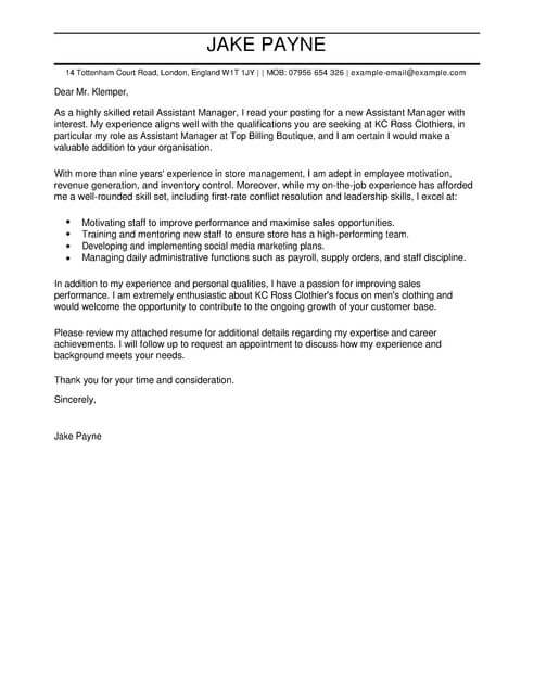 Cover Letter For Retail Assistant ~ Resume Letter