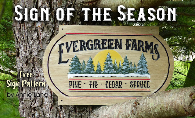 Get this FREE DIY farmhouse style Evergreen Farms sign project pattern by Annie Lang to add to your holiday home decorating theme this year