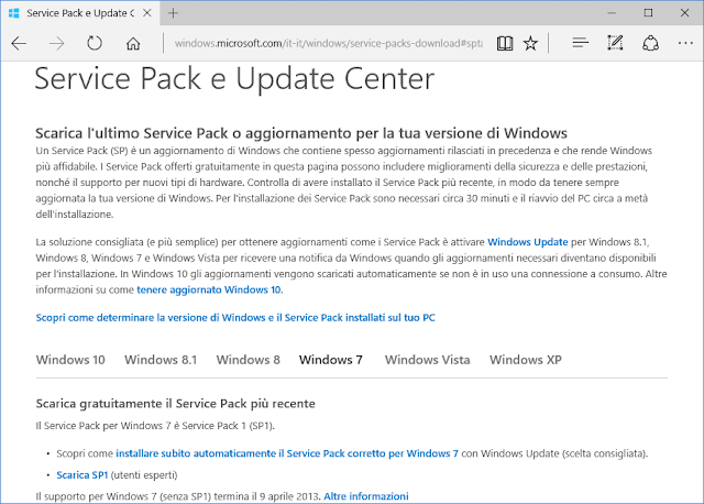 Pagina download Service Pack e Update Center Windows