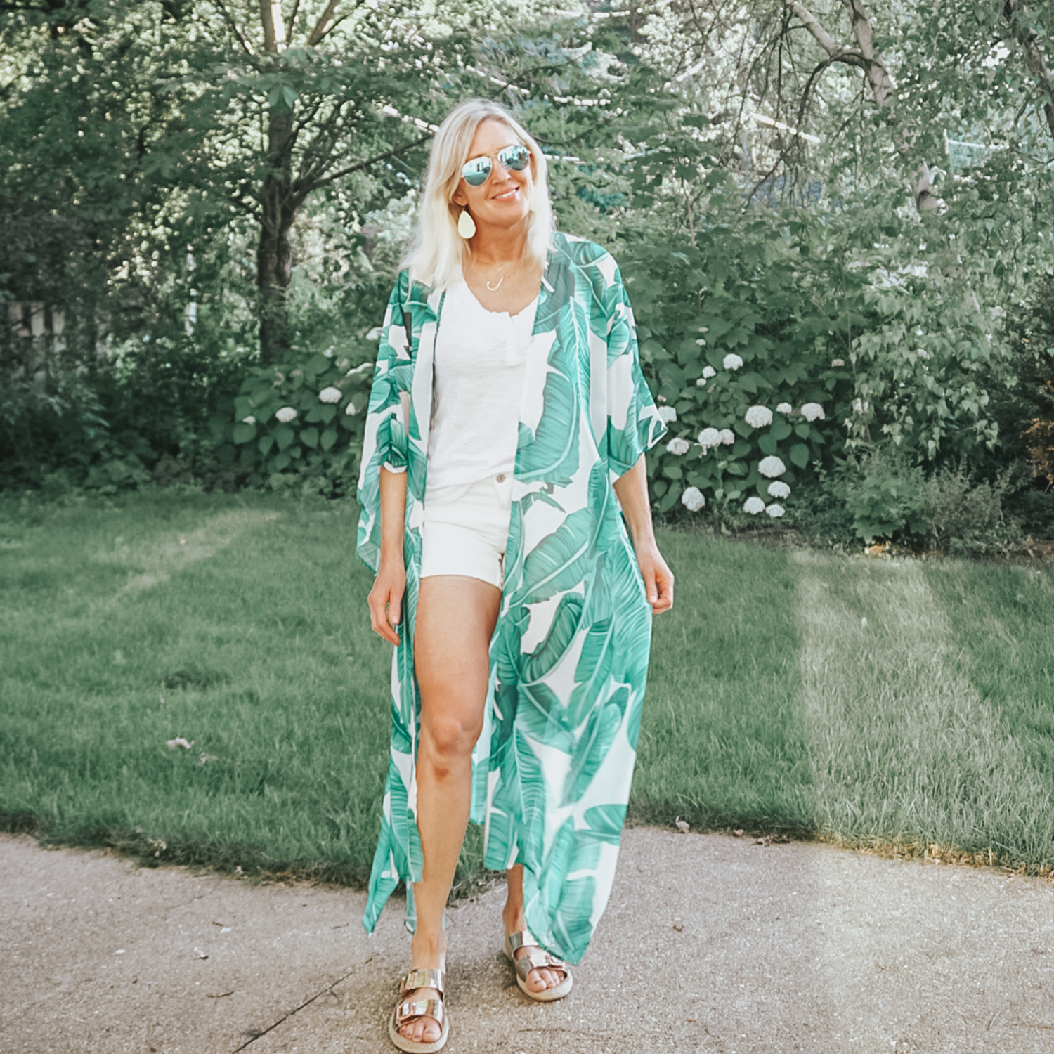 White Summer Outfit with Palm Prink Kimono 