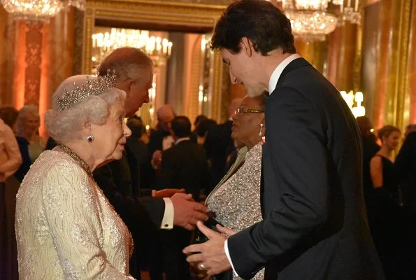 Queen Elizabeth gave a dinner for Commonwealth Heads of Government and their spouses in the Blue Drawing Room at Buckingham Palace