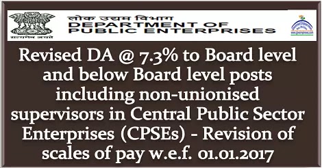 Revised DA @ 7.3% to Board level and below Board level posts including non-unionised supervisors in Central Public Sector Enterprises (CPSEs) – Revision of scales of pay w.e.f. 01.01.2017 Revised DA @ 7.3% to Board level and below Board level posts including non-unionised supervisors in Central Public Sector Enterprises (CPSEs) – Revision of scales of pay w.e.f. 01.01.2017