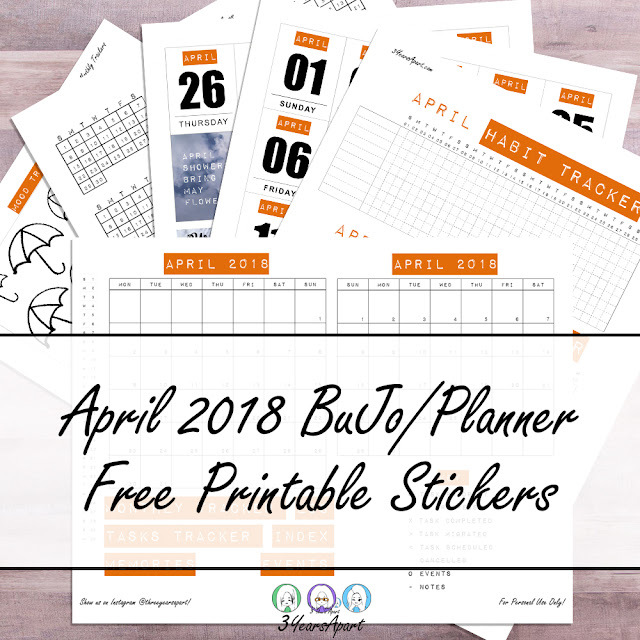 3 Years Apart | April 2018 Bullet Journal / Planner Free Printable Stickers