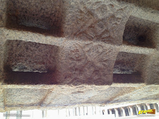 A close-up of skillfully sculpted eaves at Veerabhadra Swamy Temple complex at Lepakshi, in Andhra Pradesh, India