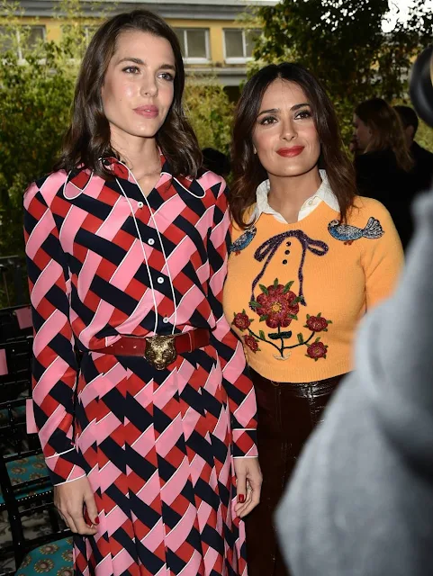 Charlotte Casiraghi and Salma Hayek attend the Gucci show during the Milan Fashion Week Spring/Summer 2016