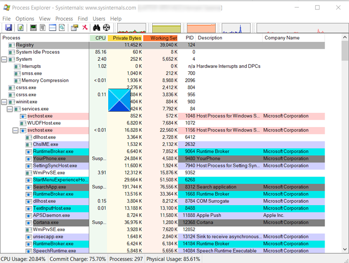 Windows 10용 SysInternals 프로세스 탐색기 도구