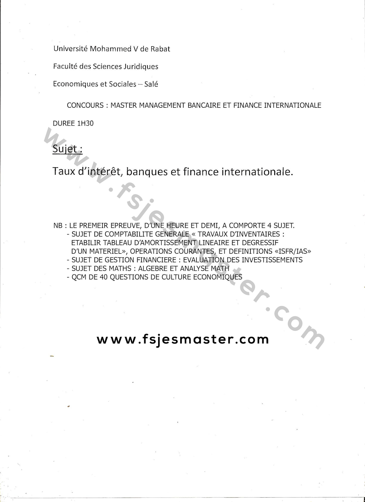 Exemple Concours Master Management Bancaire et Finance Internationale - Fsjes Salé