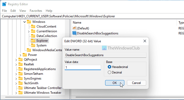 Weergave van recente zoekopdrachten uitschakelen in Verkenner van Windows 11/10