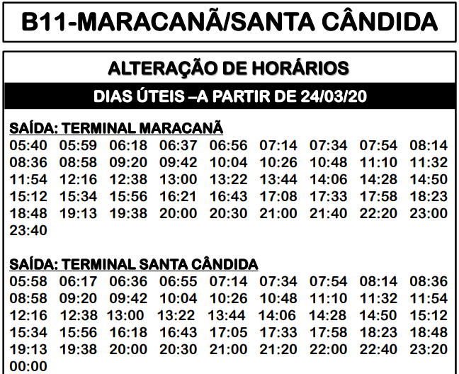 Horário de ônibus B11 MARACANÃ/SANTA CÂNDIDA 2021 | Colombo PR