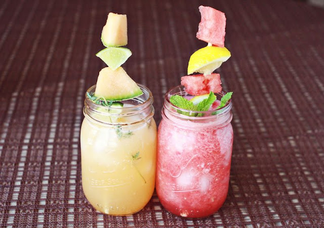 watermelon or canteloupe aqua fresca with fruit skewers