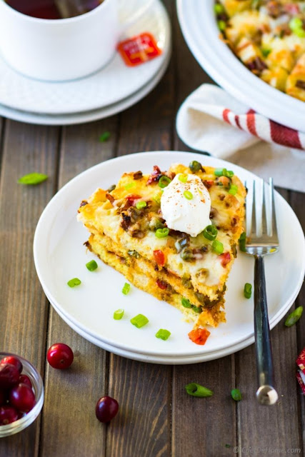 Breakfast Egg Casserole with Bread and Vegetables 