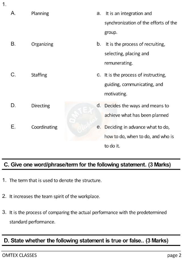 OCM Test No. 2. Class: 12th Standard Maharashtra Chapter 2: Functions of Management
