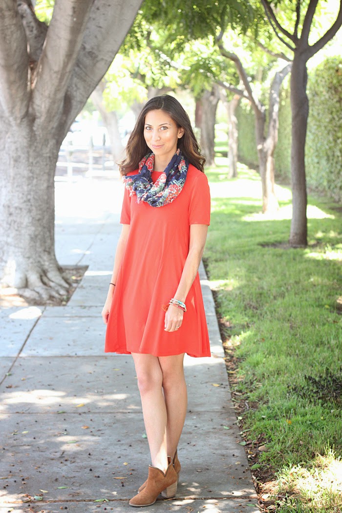 red tent dress and floral scarf
