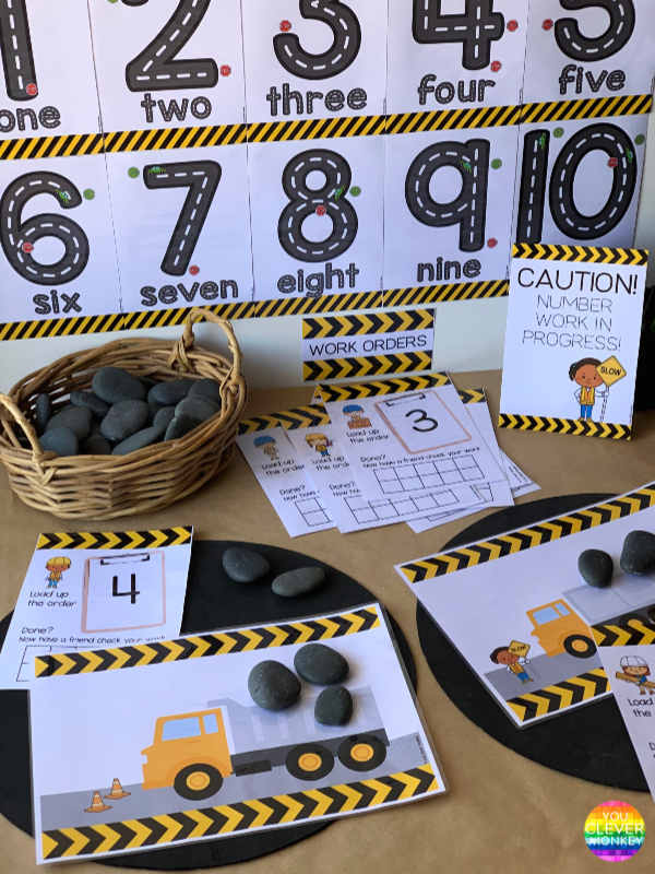 Construction Themed Number Pack - These construction themed number play mats are perfect for building number sense from preschool to first grade! With three different types of truck themed number mats included, just choose the one you want to add to your math centers, morning work or math tubs. Just print and add different materials to invite play - rocks, blocks, LEGO, playdough... so many ways to use this pack to build rich math play in the Early Years | you clever monkey