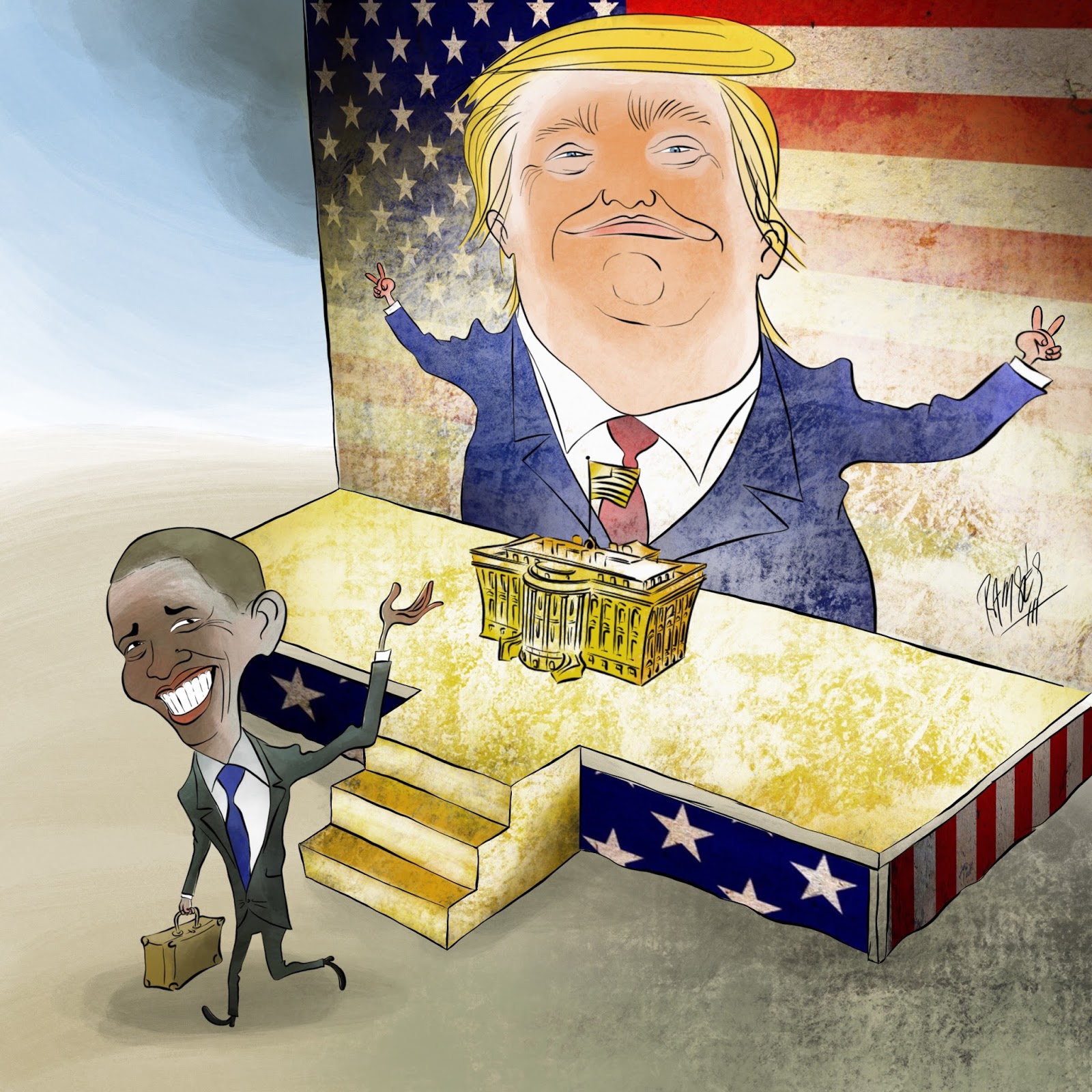 نتيجة بحث الصور عن ‪trump vs obama caricature‬‏