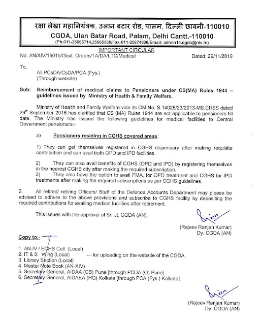 Clarification Reimbursement of Medical claims to Pensioners under CS