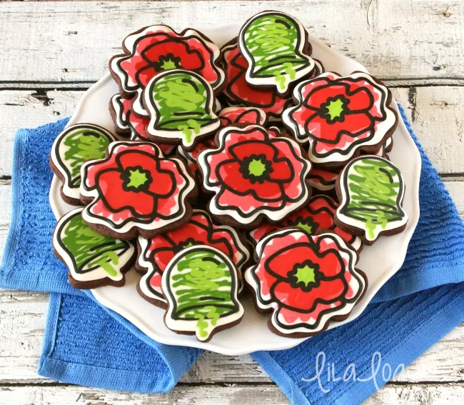 Veterans Day poppy decorated chocolate sugar cookies