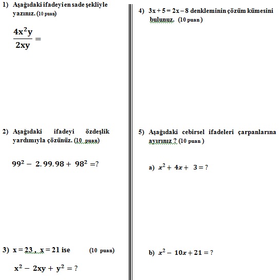 8. Sinif Matematik 1. Dönem 2. Yazılı Soruları - Matematik-Tr
