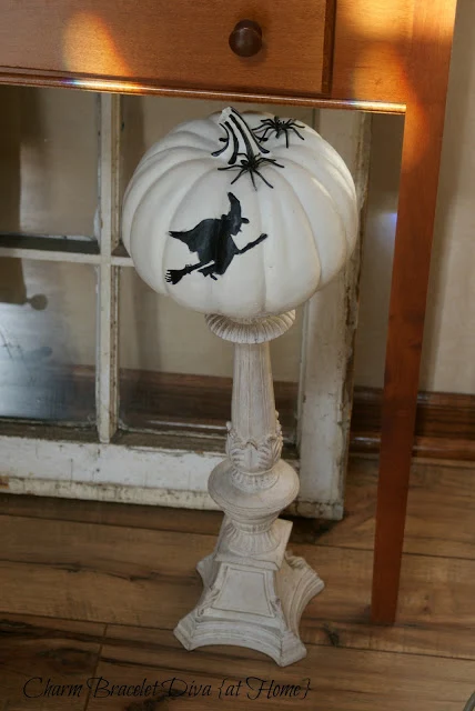 white faux pumpkin witch silhouette ornate tall vintage candlestick 
