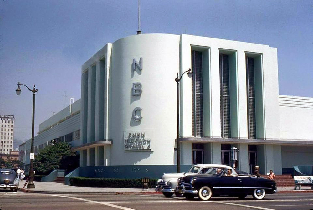 transpress nz: cars outside the NBC studios in Los Angeles, circa 1950