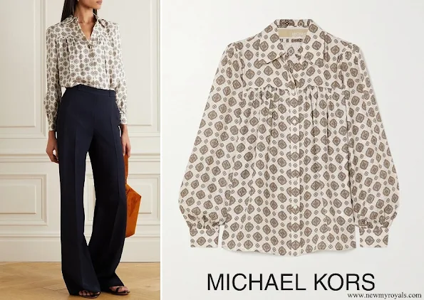 The Duchess of Cambridge wore Michael Kors Medallion silk-blend jacquard blouse
