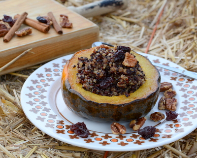 Acorn Squash with Quinoa & Cherries ♥ KitchenParade.com, perfect for Meatless Monday in fall. Vegan. Rave reviews!