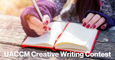 "UACCM Creative Writing Contest" to the bottom of the image with a person writing in a journal