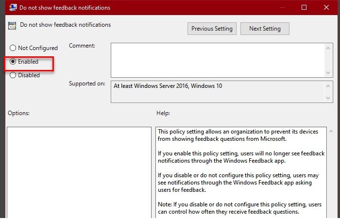 habilitar o deshabilitar la notificación de comentarios en Windows 10