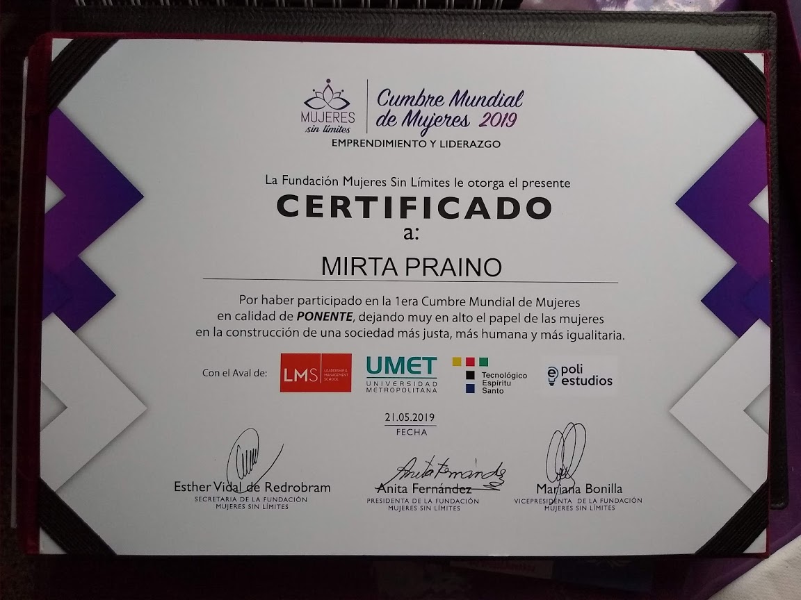 Certificado como Ponente en la Cumbre Mundial de Mujeres 2019