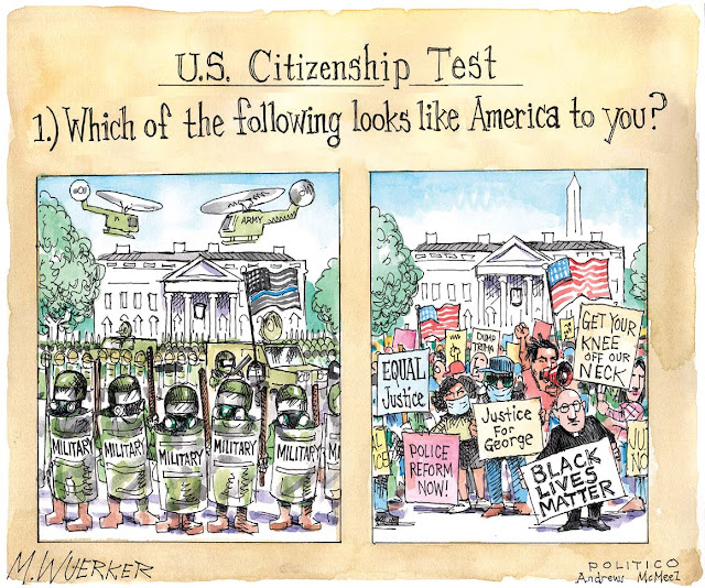 Title:  U. S. Citizenship Test.  Question:  Which one of these looks like America to you?  Image One:  Wall of armored military surrounding the White House.  Image Two:  Demonstrators in front of the White House holding signs reading 