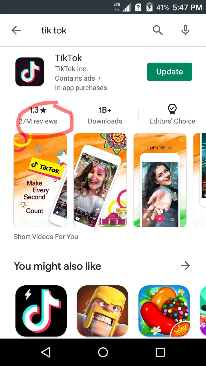 This is the picture os 19 may 2020 look at the ratings of tik tok here