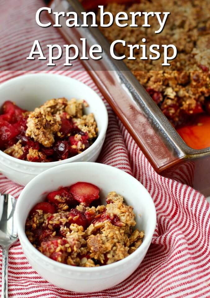 Cranberry Apple Crisp in bowls and the pan