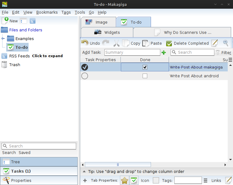 Makagiga To do list, feed reader, text editing application in archlinux