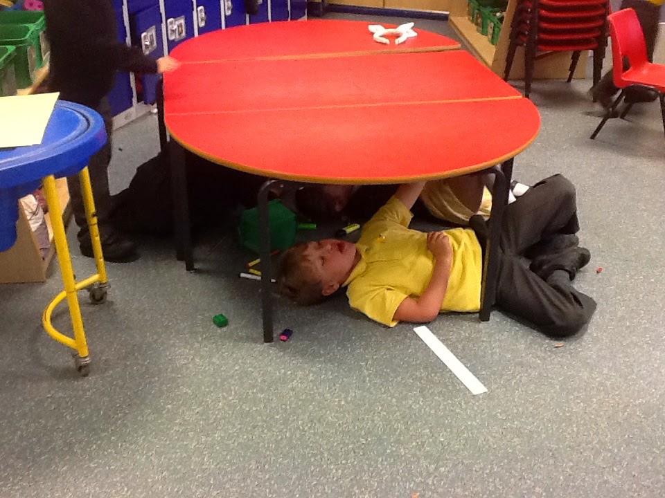 Reception's Blog Today we wrote on paper under the tables. We drew our