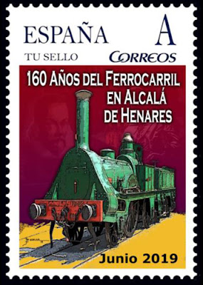 Sello personalizado del 160 aniversario de la llegada del ferrocarril a Alcalá de Henares