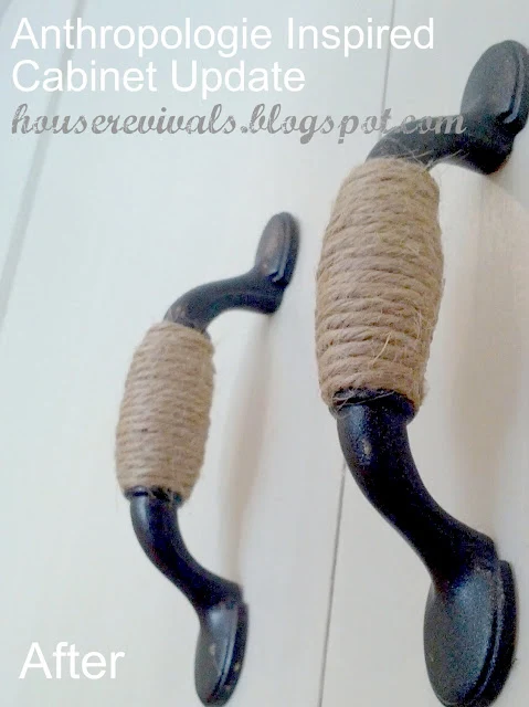 Twine wrapped cabinet hardware that takes 5 minutes to make! House Revivals via I Love That Junk