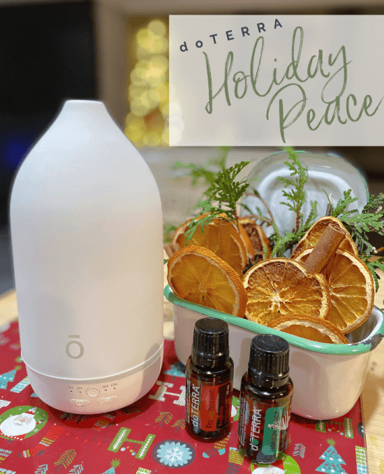 doTerra diffuser, oils and orange slices on a holiday board