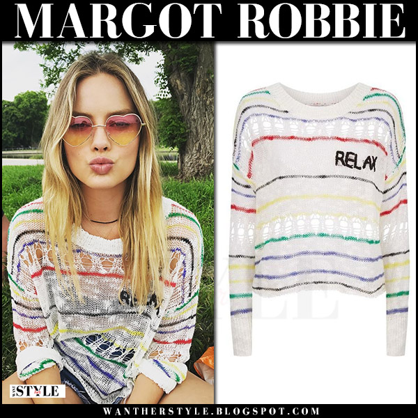 Stærk vind ustabil Koncession Margot Robbie in white striped ripped sweater from Wildfox ~ I want her  style - What celebrities wore and where to buy it. Celebrity Style
