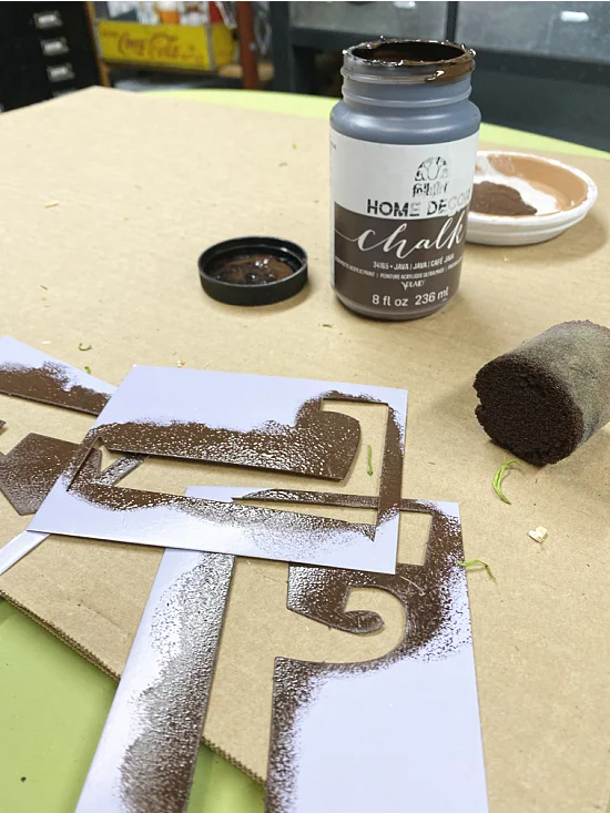 brown chalky paint and stencils